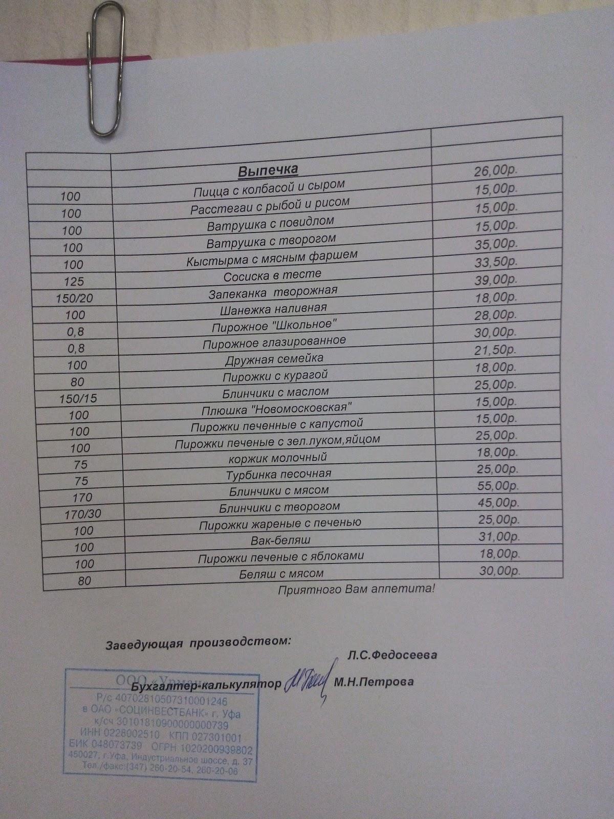 Столовая меню