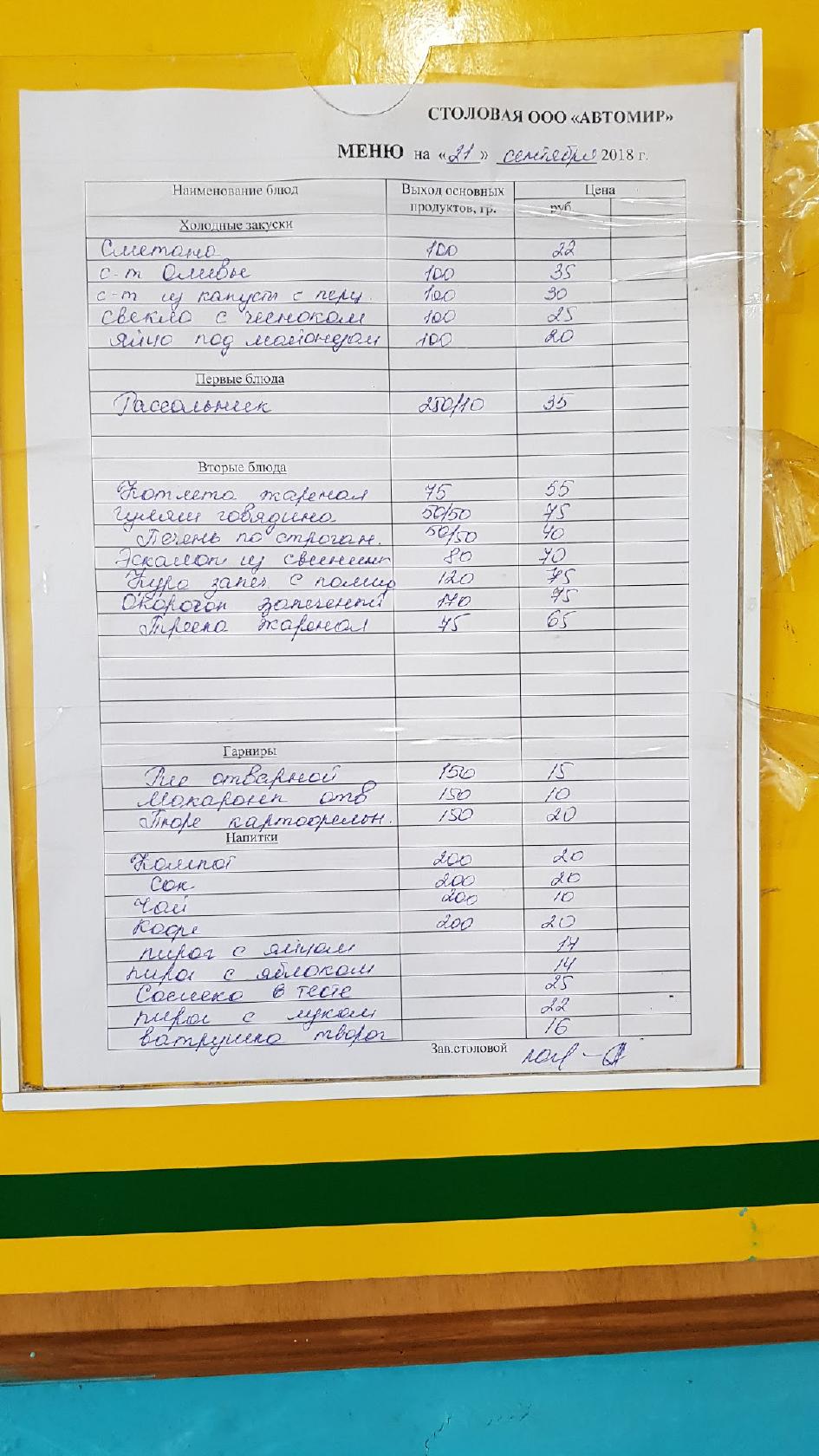 Столовая ООО Автомир меню