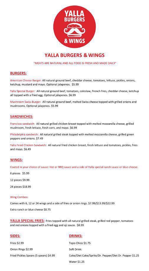 Yala Burgers Fries & Wings Halal LLC меню