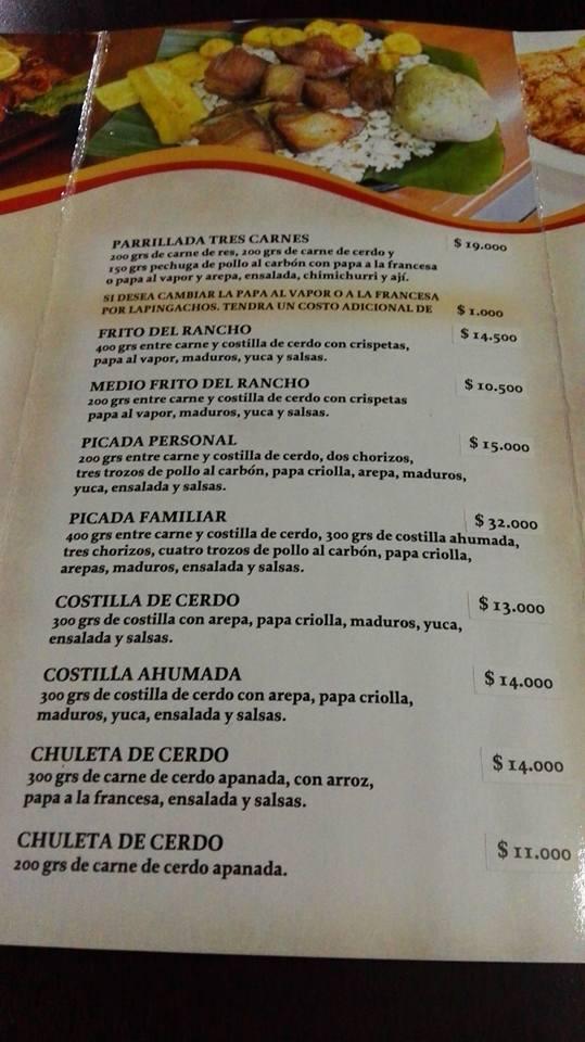 El Rancho Parrilladas Pasto меню