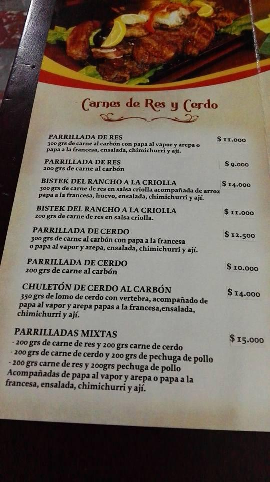 El Rancho Parrilladas Pasto меню